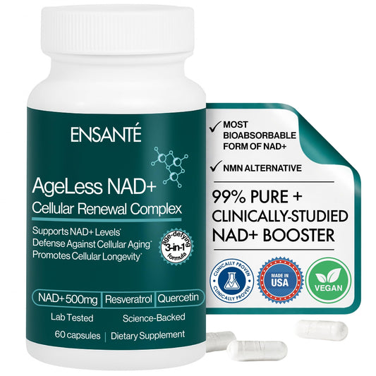 ENSANTE Advanced NAD+ bottle front shows 500mg potency for daily energy support.