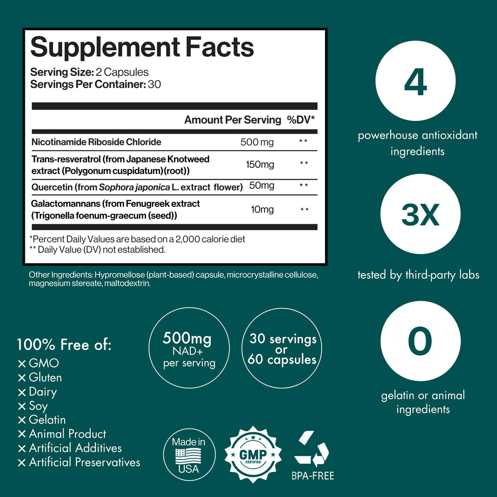 ENSANTE NAD+ bottle label closeup highlights NR and resveratrol details for cellular vitality.