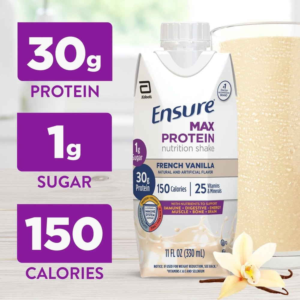 Ensure Max Protein French Vanilla pour highlights creamy texture and convenience.