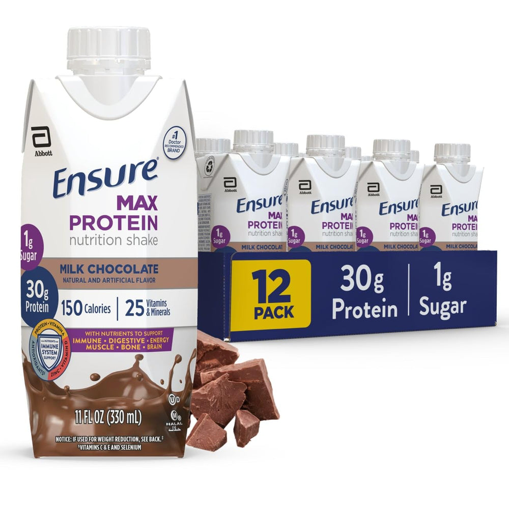 Ensure Max Protein Shake milk chocolate bottle highlights high-protein nutrition for workouts