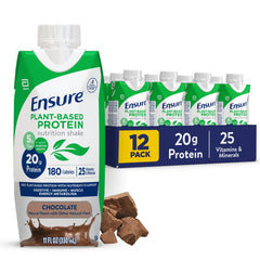 Ensure plant-based chocolate shake bottle front shows on-the-go protein boost
