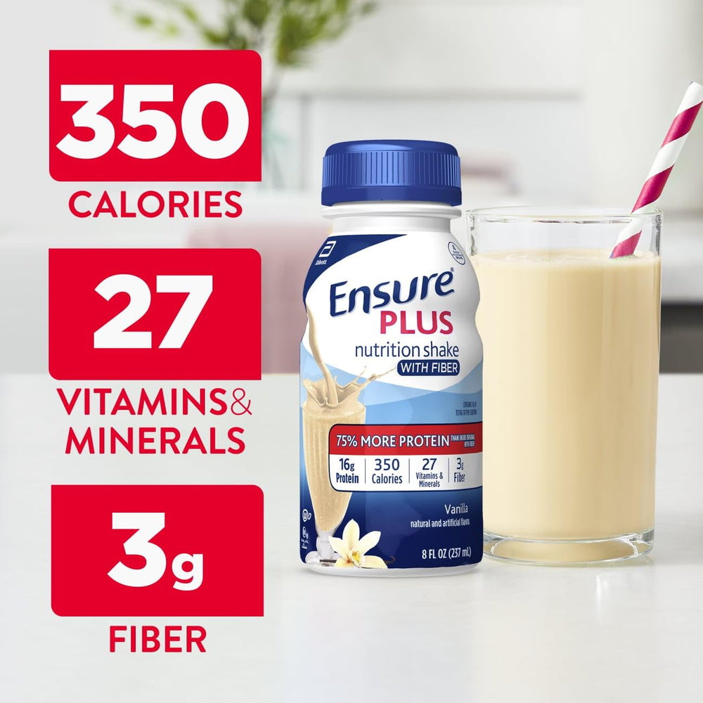 Close-up of Ensure Plus Vanilla label with 16g protein.