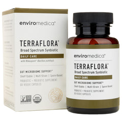 Enviromedica Terraflora Daily Care bottle demonstrates shelf-stable gut support.