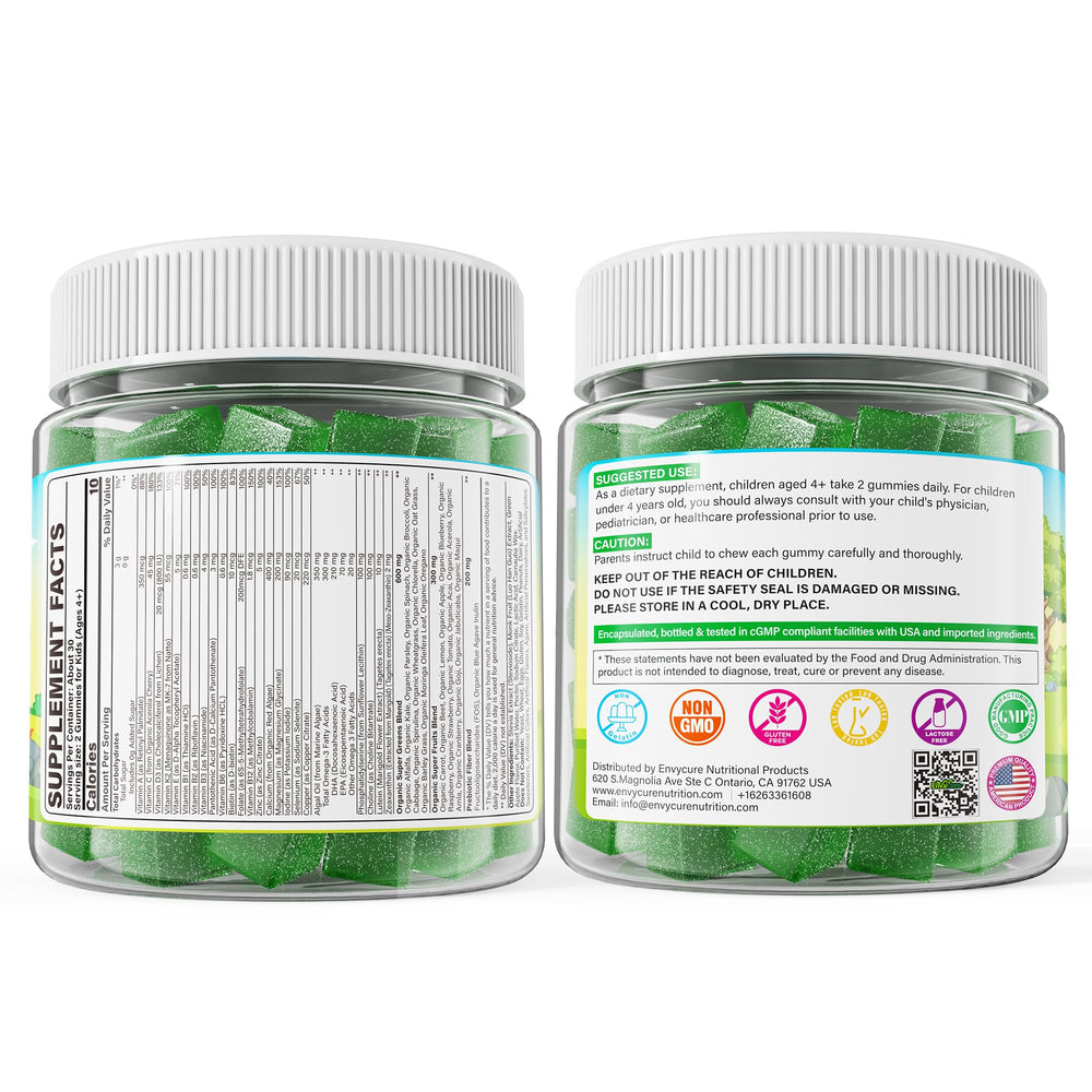 Prebiotic fibers in EnvyCure gummies supporting gut health for kids.