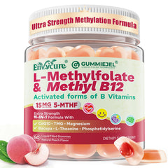 EnvyCure L-Methylfolate B12 gummies bottle shows active folate for steady energy.