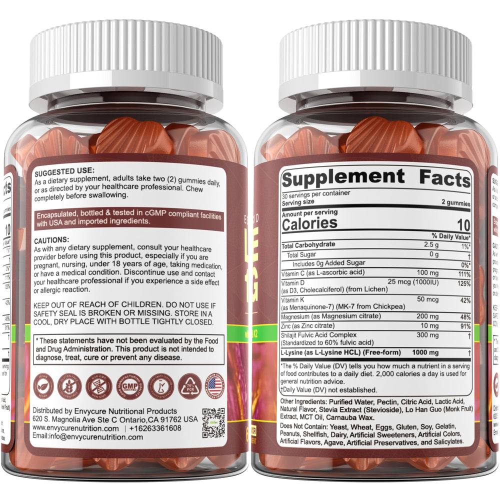 EnvyCure L-Lysine gummies vegan product in GMP facility