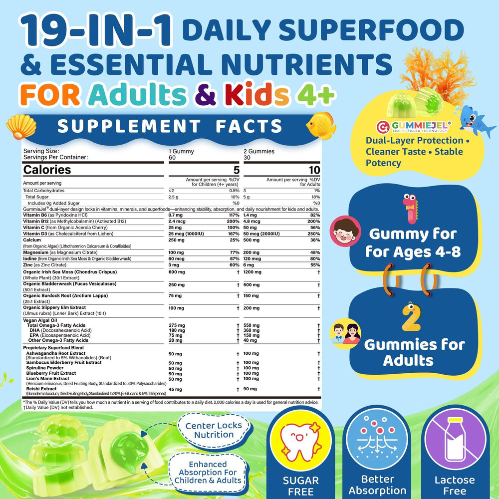 Gummies being poured from bottle to illustrate 19‑in‑1 nutrition for immune, bone, and energy support.