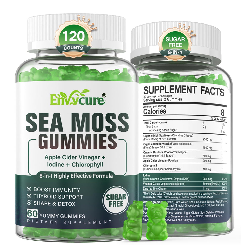 EnvyCure Sea Moss Gummies bottle front highlighting sugar-free, extra strength formula.