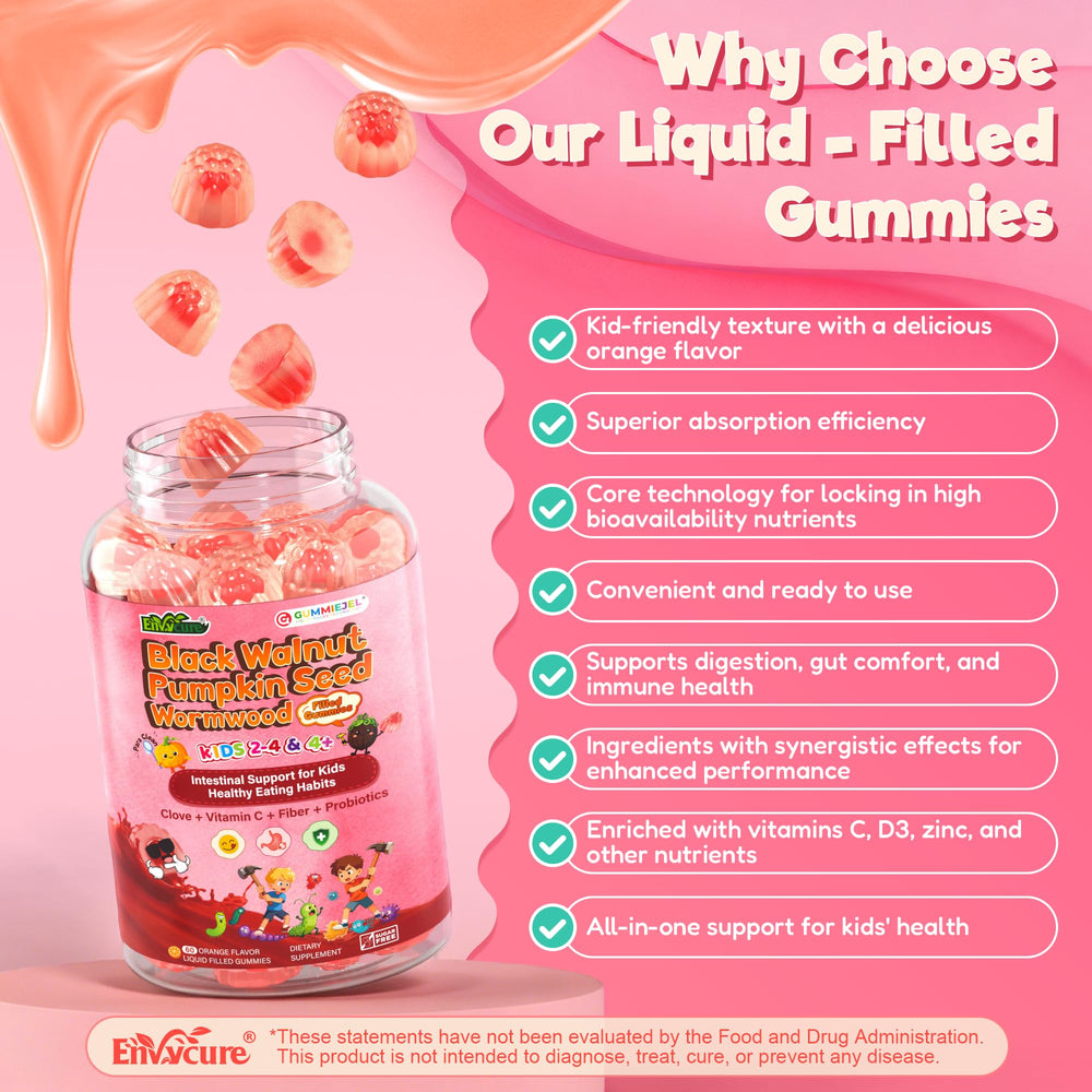 EnvyCure Serving dosage guide shows daily gummy counts for different ages.