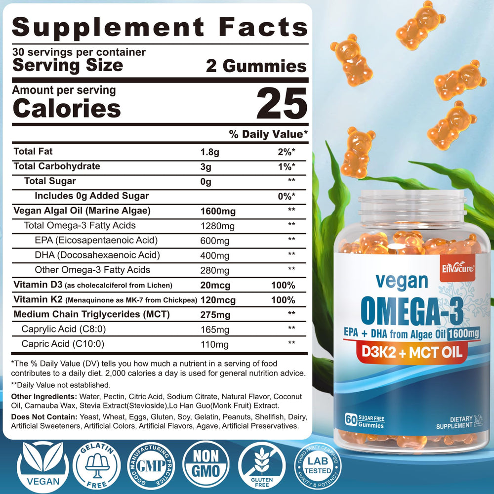 EnvyCure vegan omega-3 gummies bottle close-up showing no fish taste.