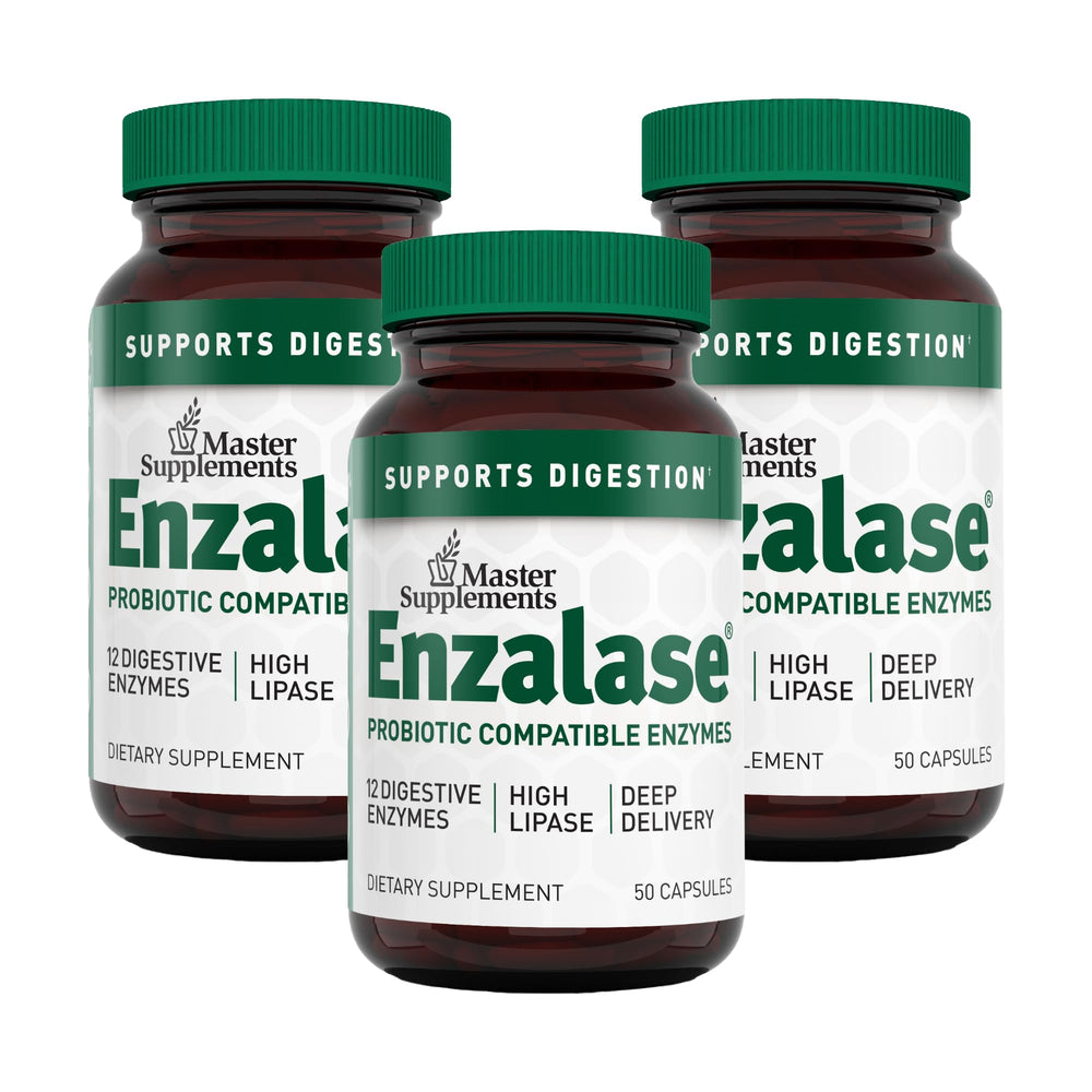 Enzalase bottle and capsules on kitchen counter for digestion support