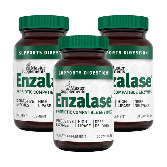 Enzalase bottle and capsules on kitchen counter for digestion support
