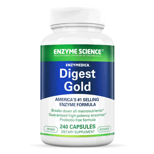 Enzyme Science Digest Gold bottle shows a potent vegan digestive enzyme formula