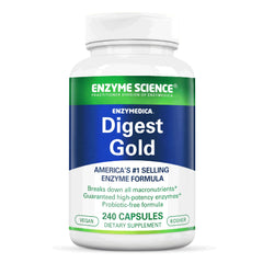 Enzyme Science Digest Gold bottle shows a potent vegan digestive enzyme formula