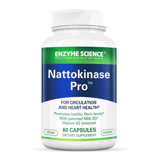 Enzyme Science Nattokinase Pro bottle label highlighting organic vegan and kosher attributes for everyday use.