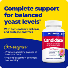 Enzymedica Candidase capsules closeup emphasizes vegan formula for clean digestion