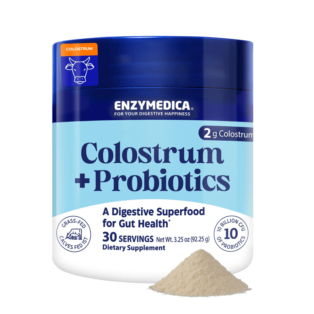 Enzymedica Colostrum Powder bottle shows grass-fed formula for gut health