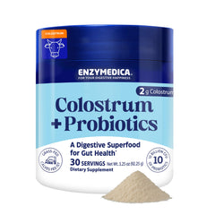 Enzymedica Colostrum Powder bottle shows grass-fed formula for gut health