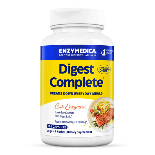 Enzymedica Digest Complete bottle pour illustrates quick digestion support after meals.