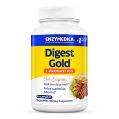 Enzymedica Digest Gold bottle front showcases dual-action formula for digestive support.