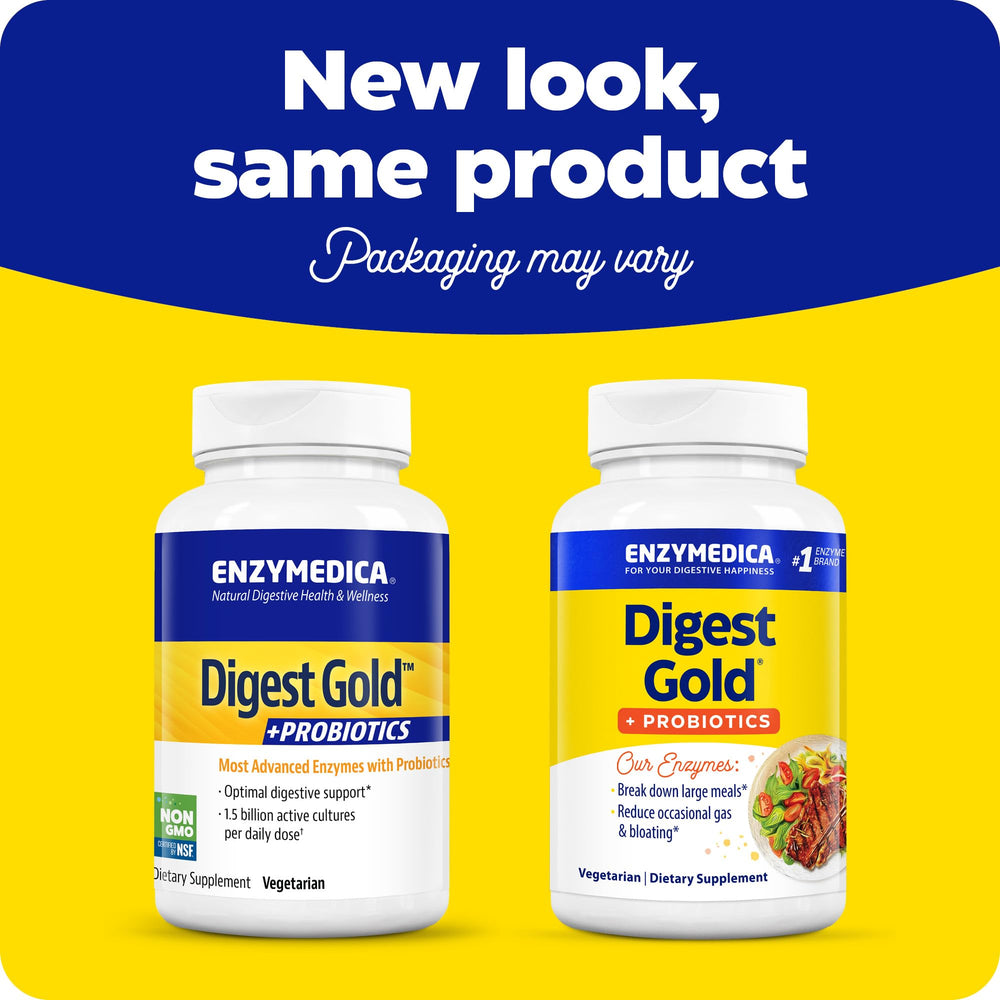 Enzymedica Digest Gold capsules close-up highlights daily dosing for gut health.