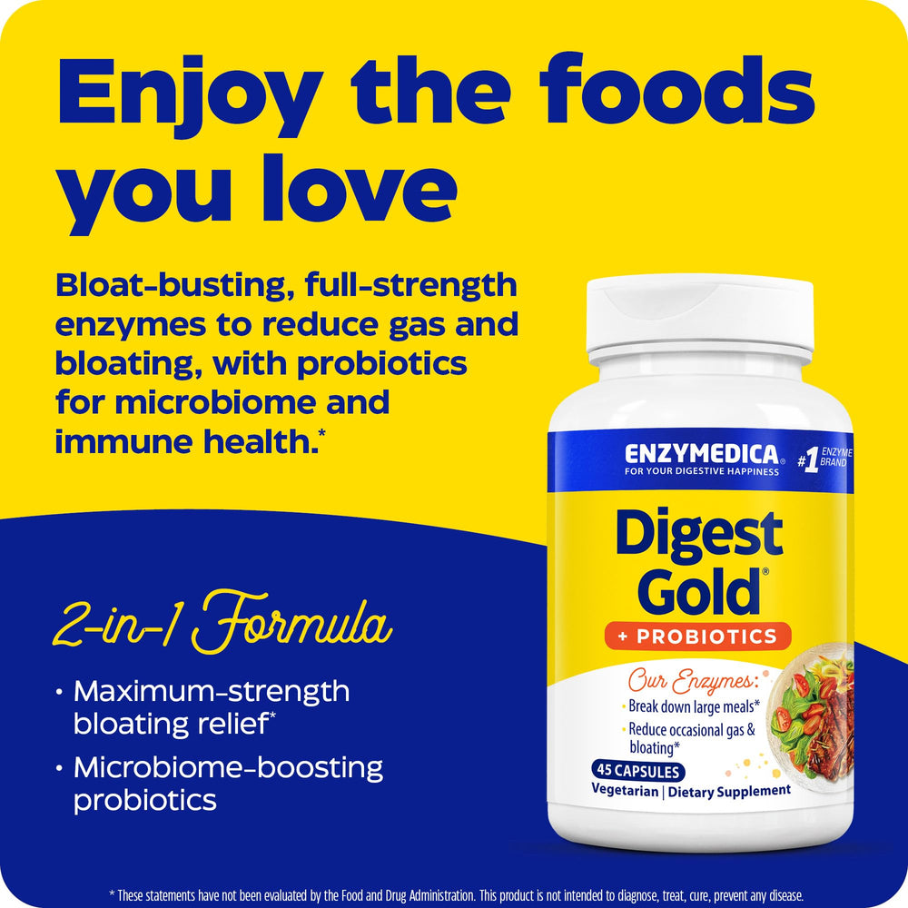 Enzymedica Digest Gold capsules illustrate enzyme-probiotic synergy for digestion.