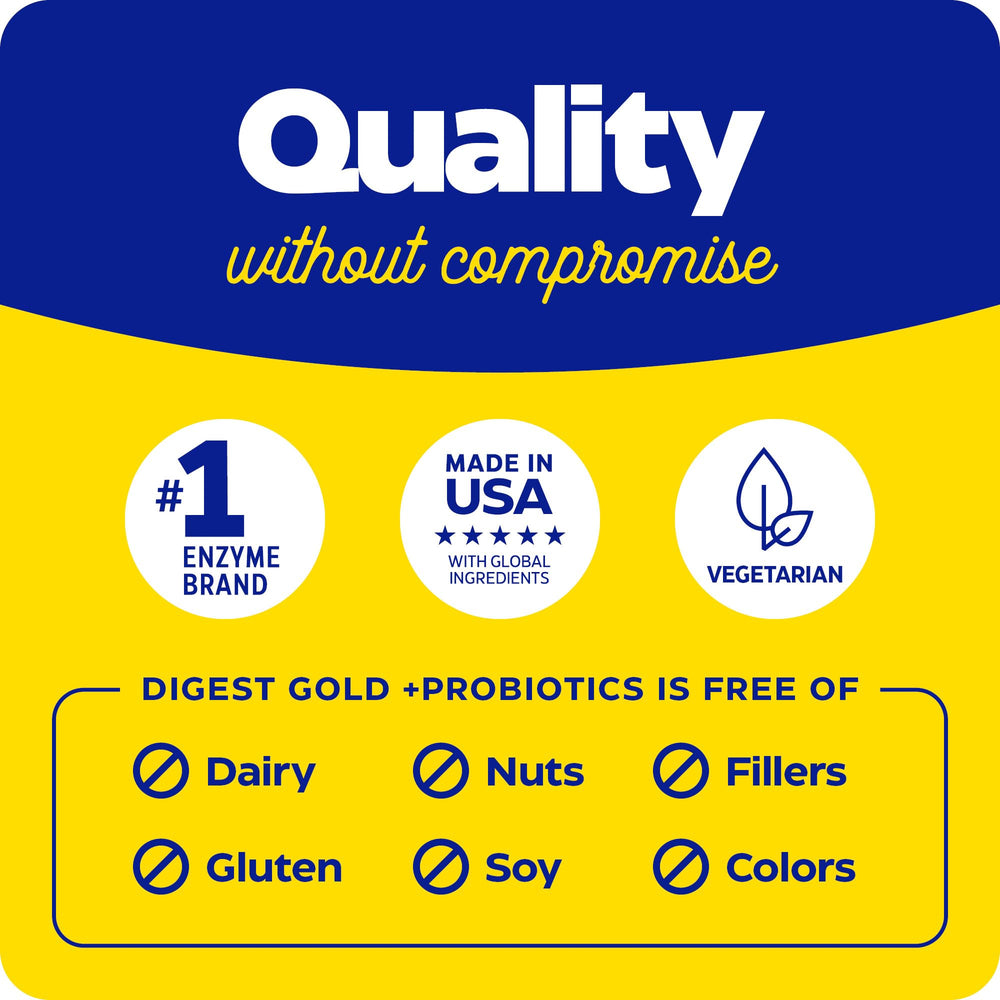 Enzymedica Digest Gold badge denotes non-GMO vegan compatibility.