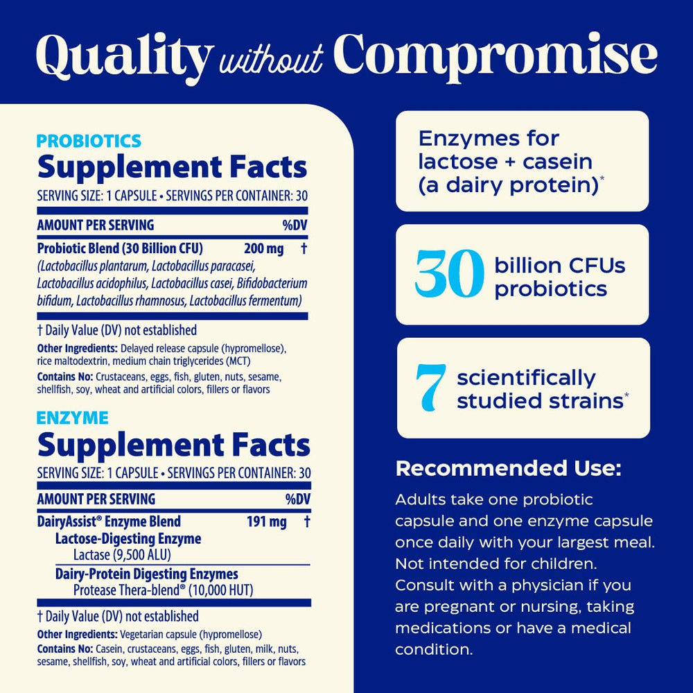 Close-up of Enzymedica Dinner Duo Dairy Control single-serving packets for on-the-go dairy comfort.