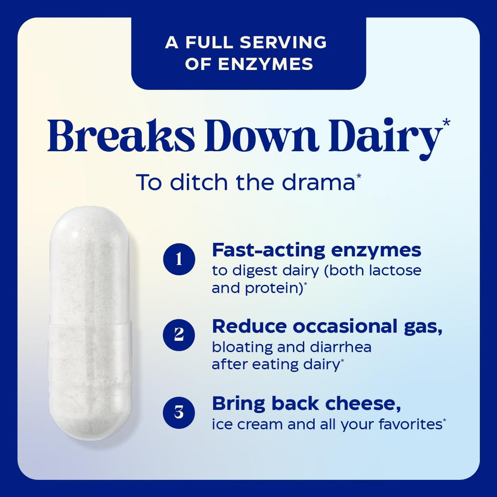Meal scene showing dairy foods paired with Enzymedica Dinner Duo Dairy Control digestion support.