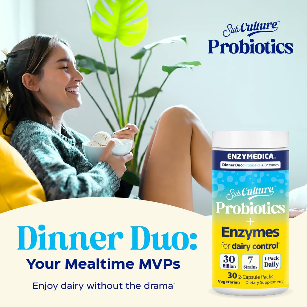 Graphic representation of Enzymedica Dinner Duo probiotic strains supporting gut balance.