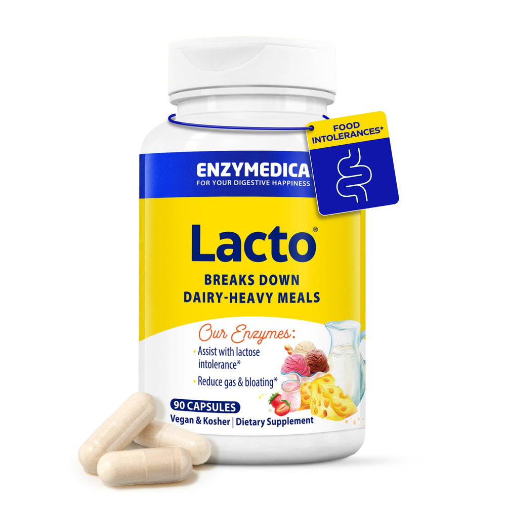 Enzymedica Lacto capsules on blister pack for lactose support during meals.
