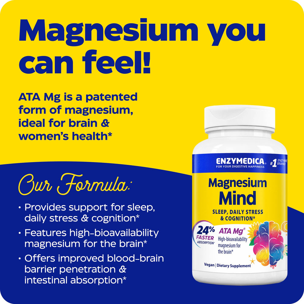 Close-up of Enzymedica Magnesium Mind bottle highlighting ATA Mg's high absorption.