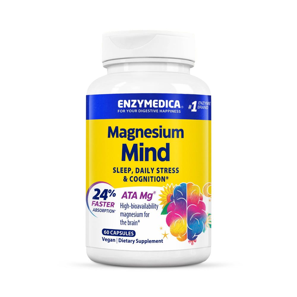 Enzymedica Magnesium Mind capsules with ATA Mg demonstrate enhanced brain absorption for daily wellness.