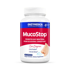 Enzymedica MucoStop bottle front with mucus-relief enzyme blend.
