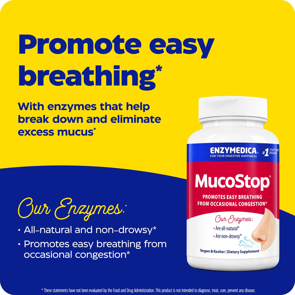 Enzymedica MucoStop capsules closeup highlights Thera-blend enzymes for broad support.
