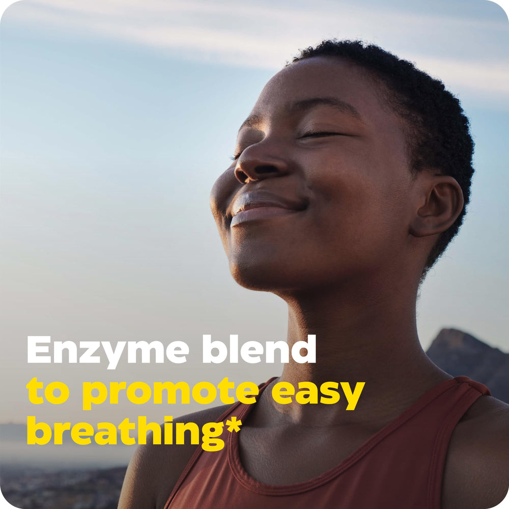Enzymedica MucoStop dosage instructions card shows 4–6 hour dosing on empty stomach.