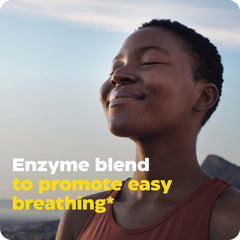 Enzymedica MucoStop dosage instructions card shows 4–6 hour dosing on empty stomach.