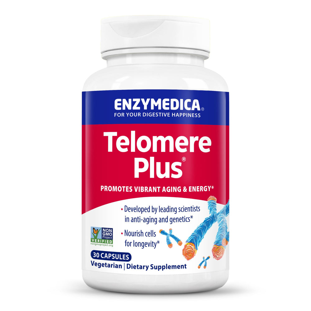 Enzymedica Telomere Plus bottle on a clean countertop for daily wellness.