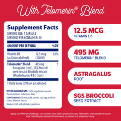 Close detail of Enzymedica Telomere Plus label and ingredients.