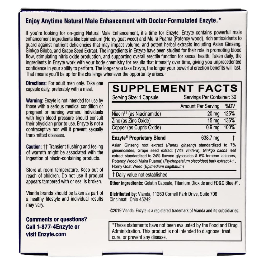 Enzyte capsules closeup showing convenient daily use for stamina
