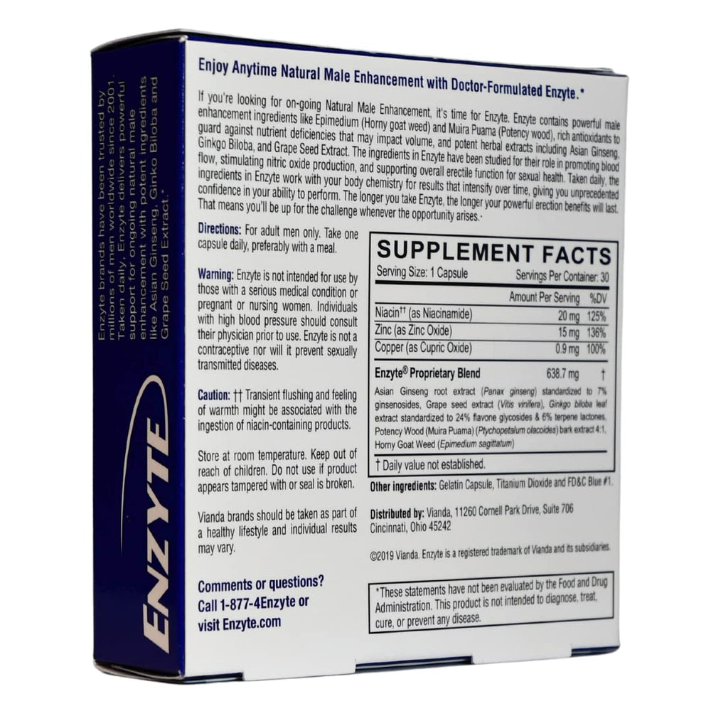 Enzyte packaging stamp showing non-GMO gluten-free and purity