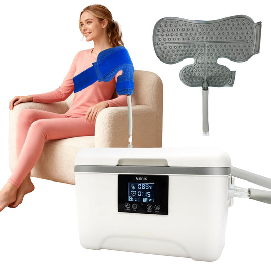 EONIX cold therapy machine remote control shows easy timer and flow level settings