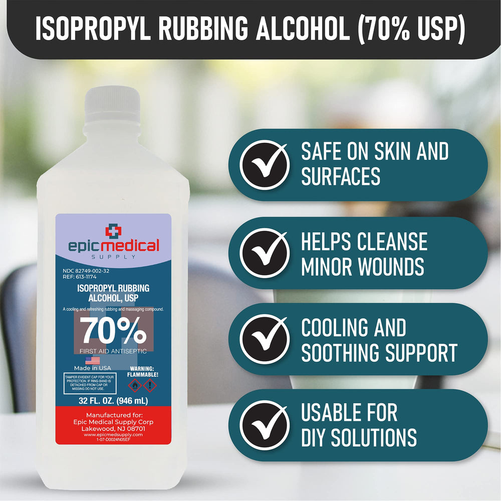Epic Medical Supply Isopropyl Alcohol 70% bottle with side label and instructions