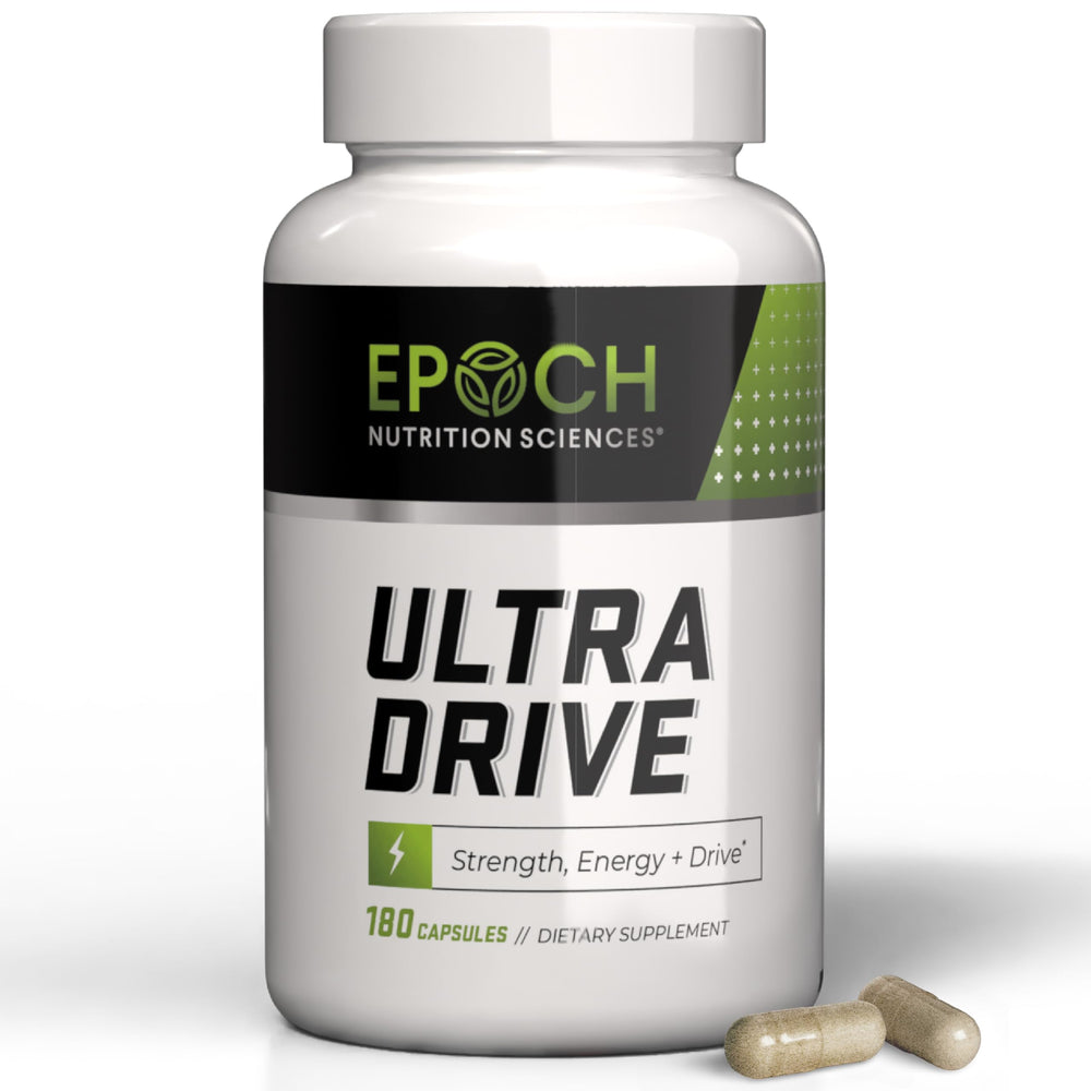 Epoch Nutrition Ultra Drive bottle pour showing easy daily dosing for sustained energy