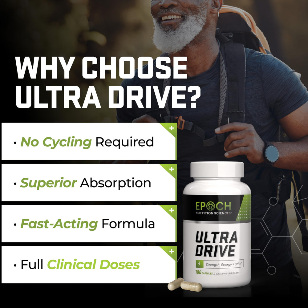 Epoch Nutrition Ultra Drive label close-up emphasizing natural ingredients for clean energy