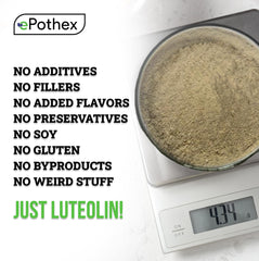Close-up of Epothex Pure Luteolin Powder texture for easy dosing.