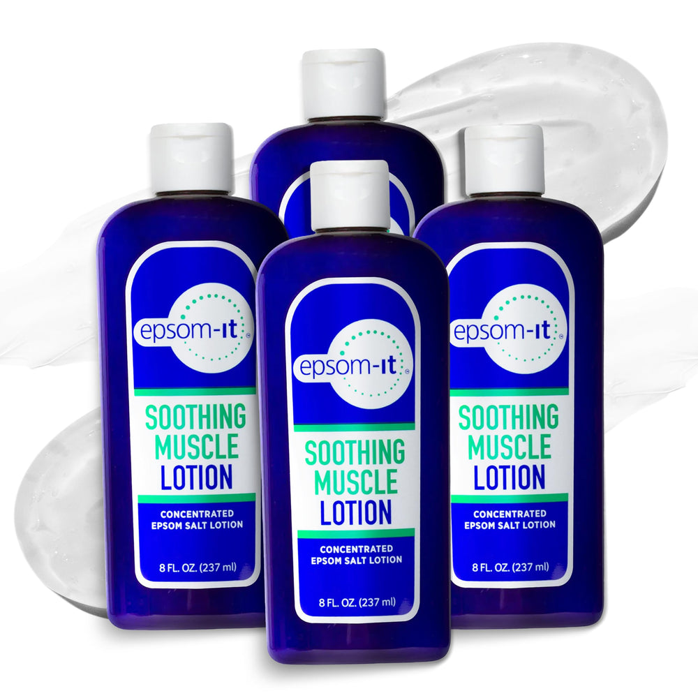 EPSOM-IT soothing muscle lotion bottle closeup showing fast absorbing formula