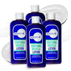 EPSOM-IT soothing muscle lotion bottle closeup showing fast absorbing formula