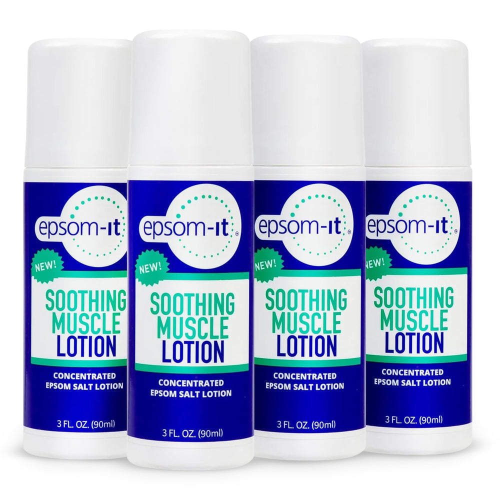 EPSOM-IT Soothing Muscle Lotion roll-on bottle targets fatigued muscles for quick relief.