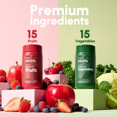 Equal Supplements fruits and vegetables capsules feature non-GMO, vegan, gluten-free ingredients.